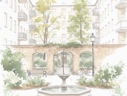 Eine aquarell Skizze eines besonderen Parks in Berlin.