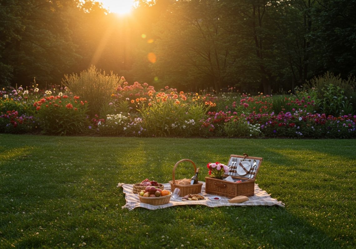 Ein Picknickkorb in der Abendsonne im Sommer in einem berliner Park.
