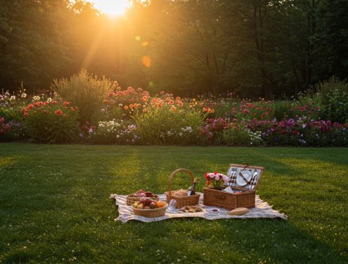 Ein Picknickkorb in der Abendsonne im Sommer in einem berliner Park.