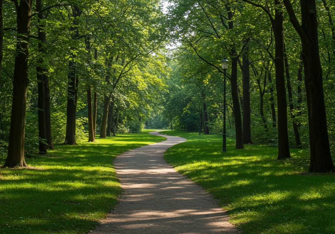 Ein Weg schlängelt sich durch einen bewalteten Park in Berlin