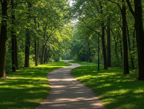 Ein Weg schlängelt sich durch einen bewalteten Park in Berlin