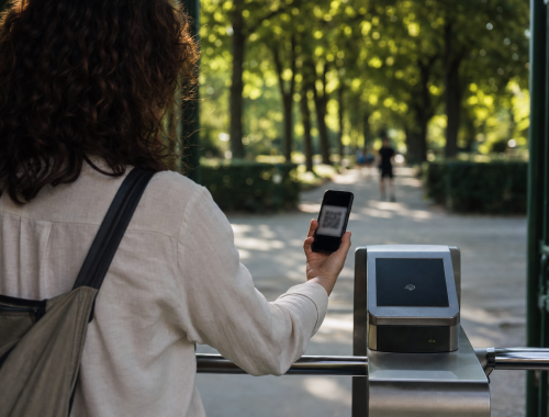 Besucherin hält Smartphone mit QR-Code-Ticket am Eingang eines Berliner Parks, grüne Baumallee und Eingangstor im Hintergrund