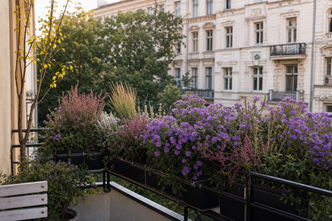 Berliner Balkon mit Blumenkästen voller violetter Astern, rosa Heidekraut und Ziergräsern, Altbaufassade im Hintergrund, spätsommerliches Licht