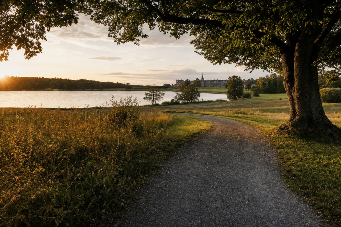 Weite Parklandschaft im Spätsommer mit altem Baumbestand, geschwungenem Weg und Wasserfläche im goldenen Abendlicht, historisches Schloss in der Ferne